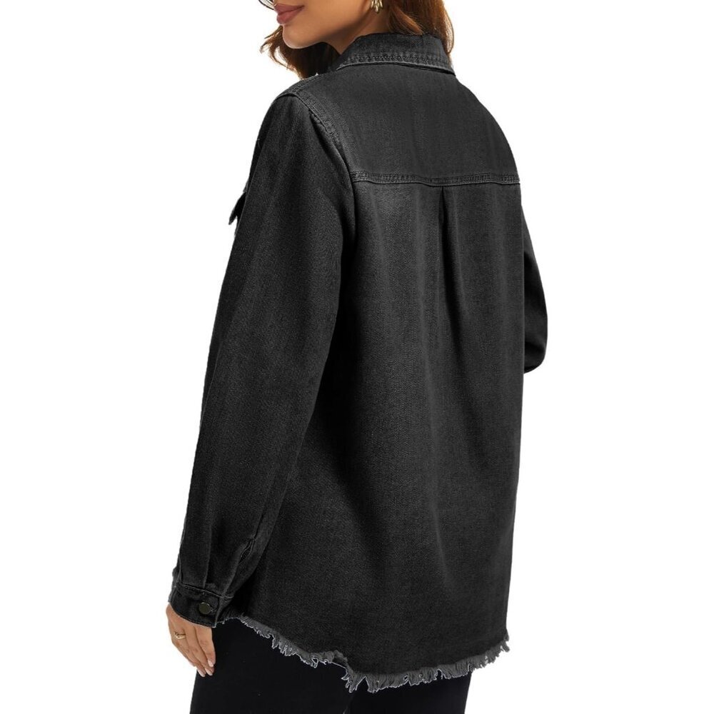 Women's Oversized Jean Jacket  Long Sleeve Denim Distressed Frayed Hem Black - Picture 5 of 6
